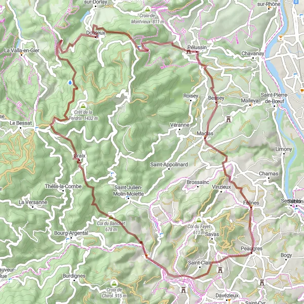 Miniature de la carte de l'inspiration cycliste "Bike Adventure through Hills and Valleys" dans la Rhône-Alpes, France. Générée par le planificateur d'itinéraire cycliste Tarmacs.app
