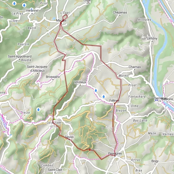 Miniature de la carte de l'inspiration cycliste "La boucle Felines-Savas" dans la Rhône-Alpes, France. Générée par le planificateur d'itinéraire cycliste Tarmacs.app