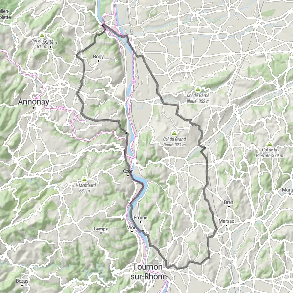 Miniature de la carte de l'inspiration cycliste "Circuit panoramique de Peaugres" dans la Rhône-Alpes, France. Générée par le planificateur d'itinéraire cycliste Tarmacs.app