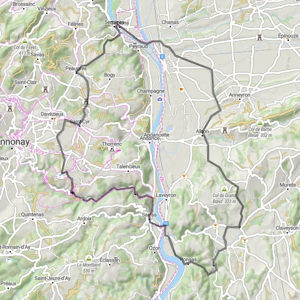 Miniature de la carte de l'inspiration cycliste "La boucle Albon-Sarras" dans la Rhône-Alpes, France. Générée par le planificateur d'itinéraire cycliste Tarmacs.app