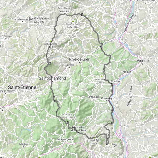 Miniature de la carte de l'inspiration cycliste "Epic Road Cycling Tour in Rhône-Alpes" dans la Rhône-Alpes, France. Générée par le planificateur d'itinéraire cycliste Tarmacs.app
