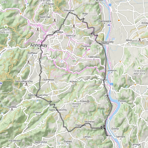 Miniature de la carte de l'inspiration cycliste "La Route des Trois Saints" dans la Rhône-Alpes, France. Générée par le planificateur d'itinéraire cycliste Tarmacs.app