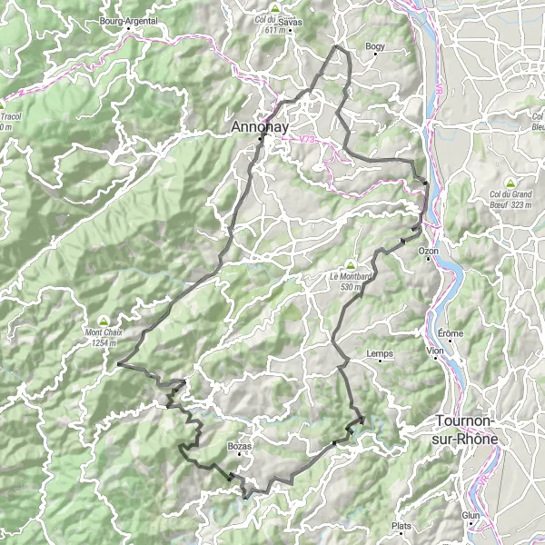 Miniature de la carte de l'inspiration cycliste "Scenic Road Tour in Rhône-Alpes" dans la Rhône-Alpes, France. Générée par le planificateur d'itinéraire cycliste Tarmacs.app