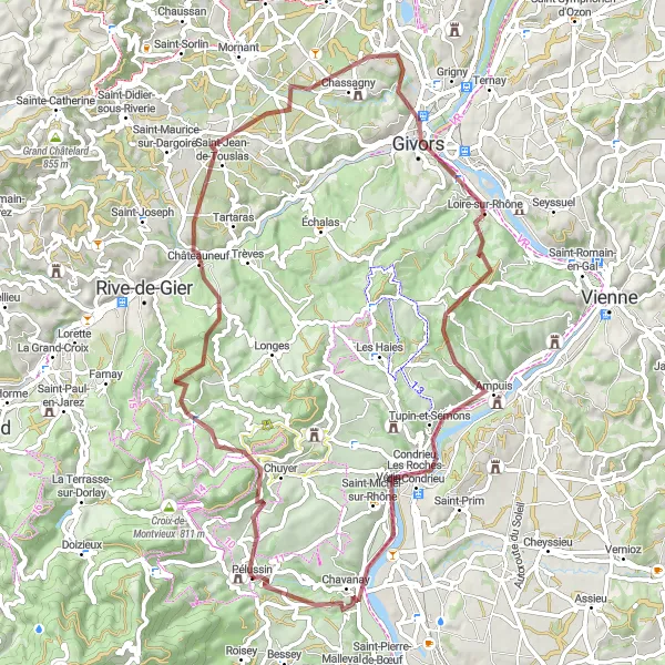 Miniatura della mappa di ispirazione al ciclismo "Gravel route to Col de Pavezin" nella regione di Rhône-Alpes, France. Generata da Tarmacs.app, pianificatore di rotte ciclistiche