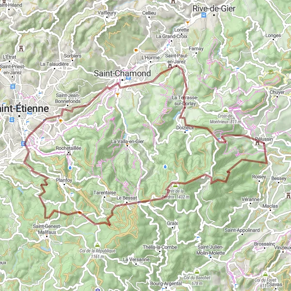 Miniaturekort af cykelinspirationen "Spændende Gravel Cycling Route med Udfordrende Terræn" i Rhône-Alpes, France. Genereret af Tarmacs.app cykelruteplanlægger