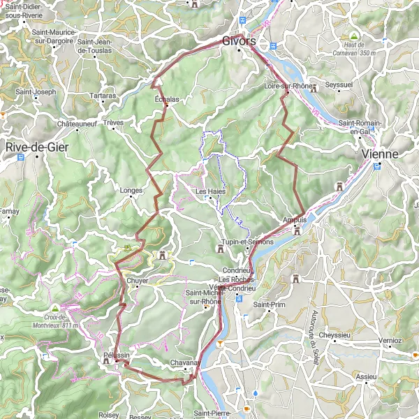 Miniatua del mapa de inspiración ciclista "Ruta de Grava Pélussin-Givors" en Rhône-Alpes, France. Generado por Tarmacs.app planificador de rutas ciclistas