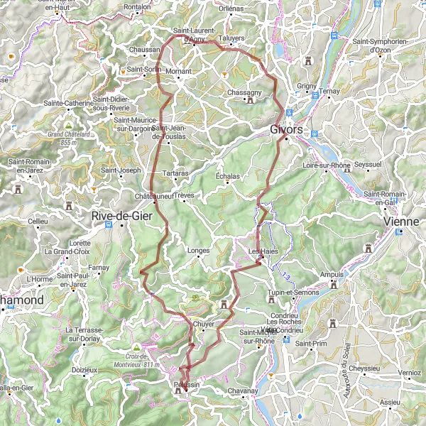 Kartminiatyr av "Gylden Grusvei Eventyr fra Pélussin" sykkelinspirasjon i Rhône-Alpes, France. Generert av Tarmacs.app sykkelrutoplanlegger
