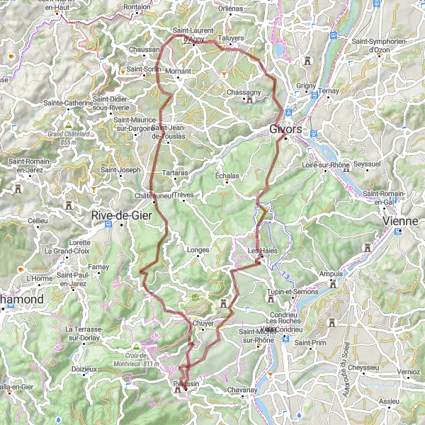 Miniatura della mappa di ispirazione al ciclismo "Giro in Gravel sulle Montagne del Rodano" nella regione di Rhône-Alpes, France. Generata da Tarmacs.app, pianificatore di rotte ciclistiche