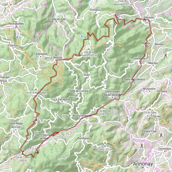 Miniature de la carte de l'inspiration cycliste "Boucle des Monts du Pilat en Gravel" dans la Rhône-Alpes, France. Générée par le planificateur d'itinéraire cycliste Tarmacs.app