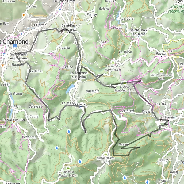 Miniatura della mappa di ispirazione al ciclismo "Giro panoramico intorno a Pélussin" nella regione di Rhône-Alpes, France. Generata da Tarmacs.app, pianificatore di rotte ciclistiche