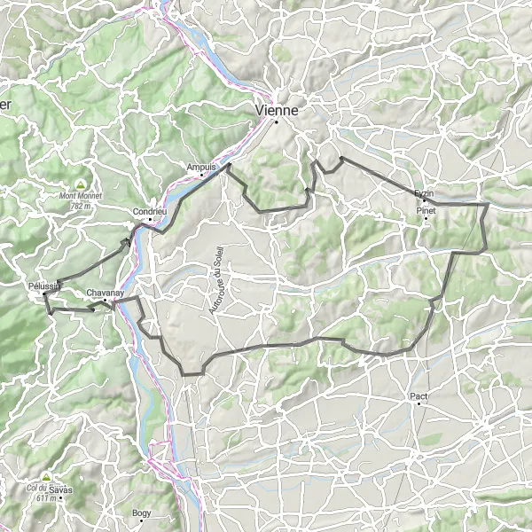 Miniatuurkaart van de fietsinspiratie "Pelussin naar Condrieu en terug" in Rhône-Alpes, France. Gemaakt door de Tarmacs.app fietsrouteplanner