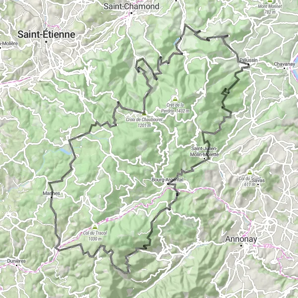Miniature de la carte de l'inspiration cycliste "Ascension du Col de la Charousse et Croix de Chaubouret" dans la Rhône-Alpes, France. Générée par le planificateur d'itinéraire cycliste Tarmacs.app