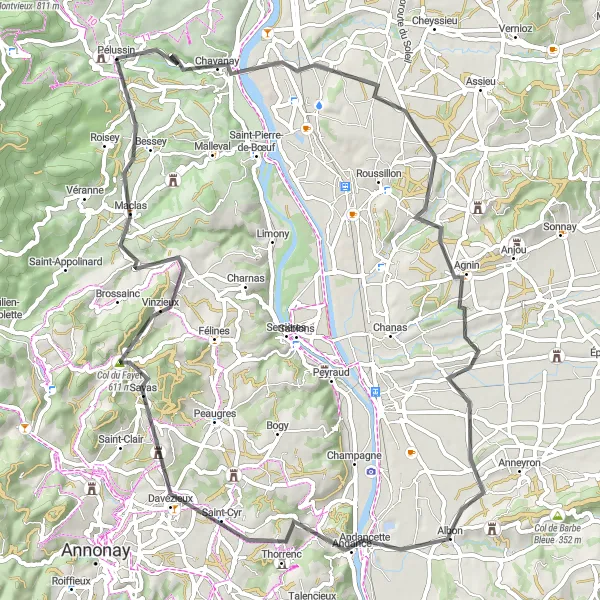 Miniatuurkaart van de fietsinspiratie "Scenic Road Trip naar Davézieux" in Rhône-Alpes, France. Gemaakt door de Tarmacs.app fietsrouteplanner