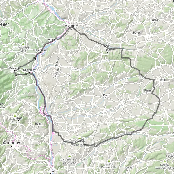 Zemljevid v pomanjšavi "Cestno kolesarjenje po slikoviti pokrajini" kolesarske inspiracije v Rhône-Alpes, France. Generirano z načrtovalcem kolesarskih poti Tarmacs.app