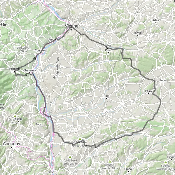 Miniatura della mappa di ispirazione al ciclismo "Esplorazione tra città e campagna" nella regione di Rhône-Alpes, France. Generata da Tarmacs.app, pianificatore di rotte ciclistiche