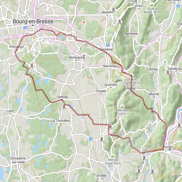 Miniaturní mapa "Gravel Cyklotrasa Péronnas" inspirace pro cyklisty v oblasti Rhône-Alpes, France. Vytvořeno pomocí plánovače tras Tarmacs.app