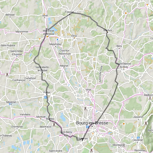 Miniaturní mapa "Péronnas - Bourg-en-Bresse" inspirace pro cyklisty v oblasti Rhône-Alpes, France. Vytvořeno pomocí plánovače tras Tarmacs.app