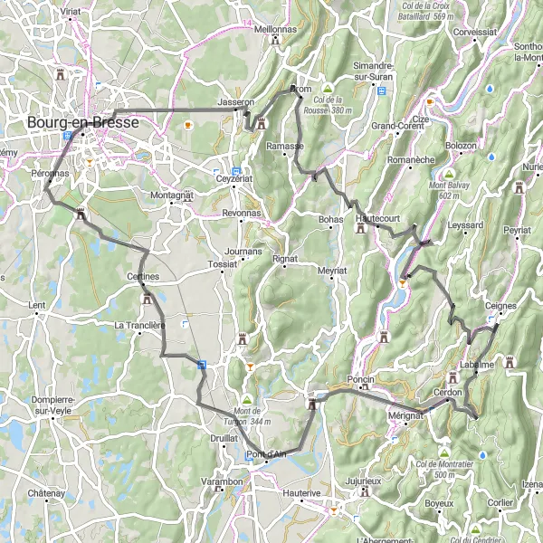 Kartminiatyr av "Oppdag det vakre landskapet i Rhône-Alpes på landeveissykkel" sykkelinspirasjon i Rhône-Alpes, France. Generert av Tarmacs.app sykkelrutoplanlegger