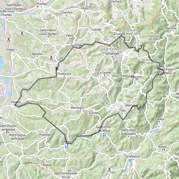 Miniatura della mappa di ispirazione al ciclismo "Giro in bicicletta attraverso Boyer, Col de la Croix Couverte e Saint-Victor-sur-Rhins" nella regione di Rhône-Alpes, France. Generata da Tarmacs.app, pianificatore di rotte ciclistiche