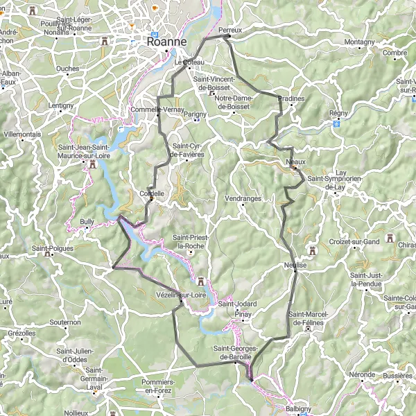 Mapa miniatúra "Zážitková cyklistická jazda pri Perreux" cyklistická inšpirácia v Rhône-Alpes, France. Vygenerované cyklistickým plánovačom trás Tarmacs.app