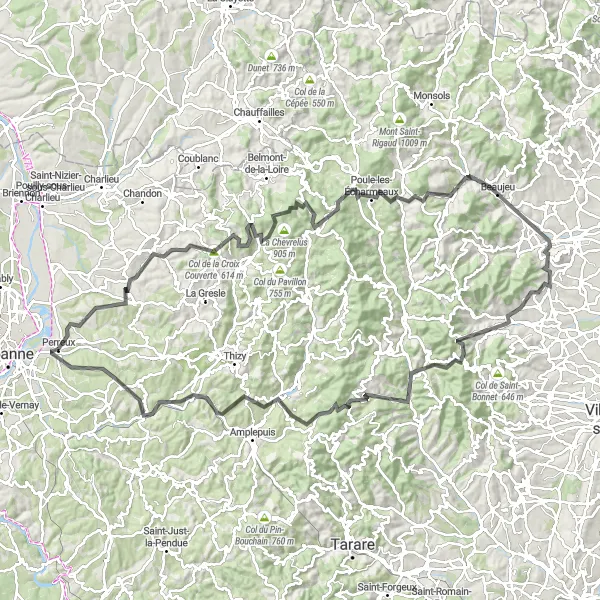 Mapa miniatúra "Okruh cez Beaujeu a Mont Brouilly" cyklistická inšpirácia v Rhône-Alpes, France. Vygenerované cyklistickým plánovačom trás Tarmacs.app
