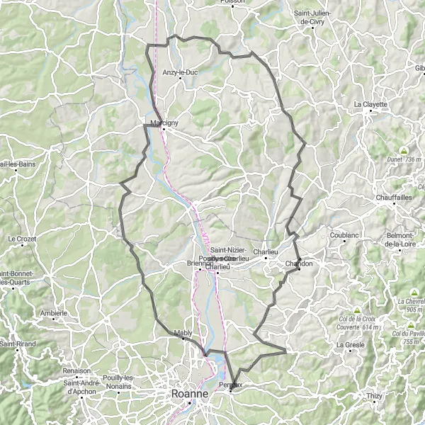 Kartminiatyr av "Perreux - Saint-Edmond Loop" sykkelinspirasjon i Rhône-Alpes, France. Generert av Tarmacs.app sykkelrutoplanlegger