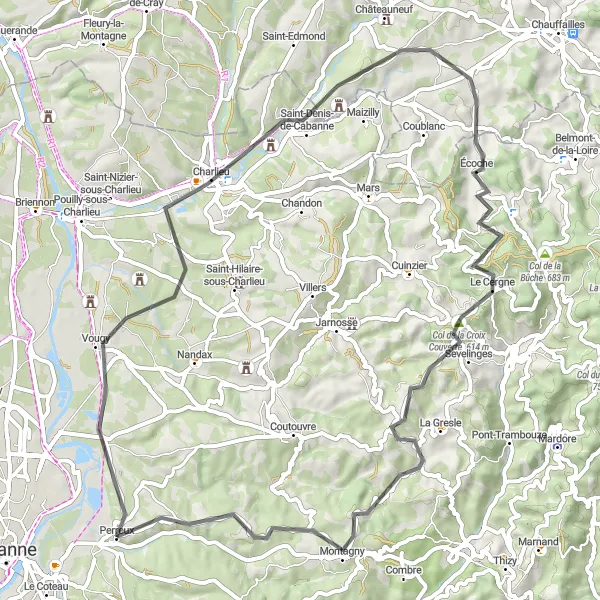 Miniaturní mapa "Okruh kolem Perreux" inspirace pro cyklisty v oblasti Rhône-Alpes, France. Vytvořeno pomocí plánovače tras Tarmacs.app