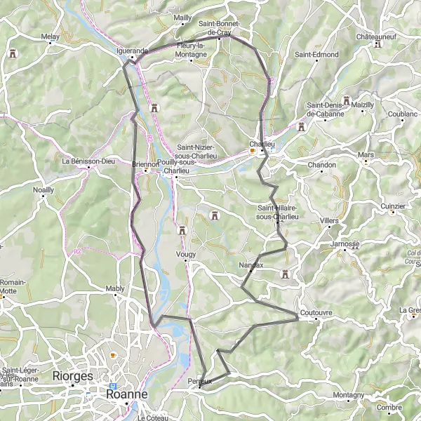 Mapa miniatúra "Okruh na bicykli od Perreux s miestnymi obľúbenými zastávkami" cyklistická inšpirácia v Rhône-Alpes, France. Vygenerované cyklistickým plánovačom trás Tarmacs.app