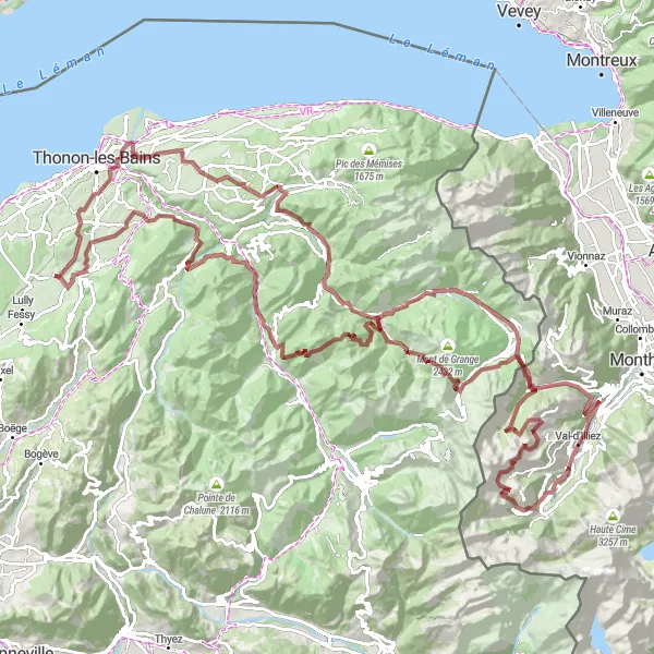 Kartminiatyr av "Sykling gjennom Alpene fra Perrignier" sykkelinspirasjon i Rhône-Alpes, France. Generert av Tarmacs.app sykkelrutoplanlegger