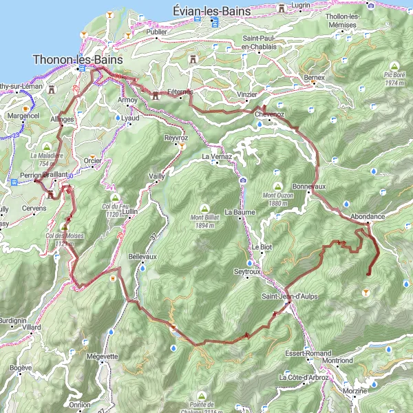 Miniature de la carte de l'inspiration cycliste "Circuit des Montagnes Mystérieuses" dans la Rhône-Alpes, France. Générée par le planificateur d'itinéraire cycliste Tarmacs.app