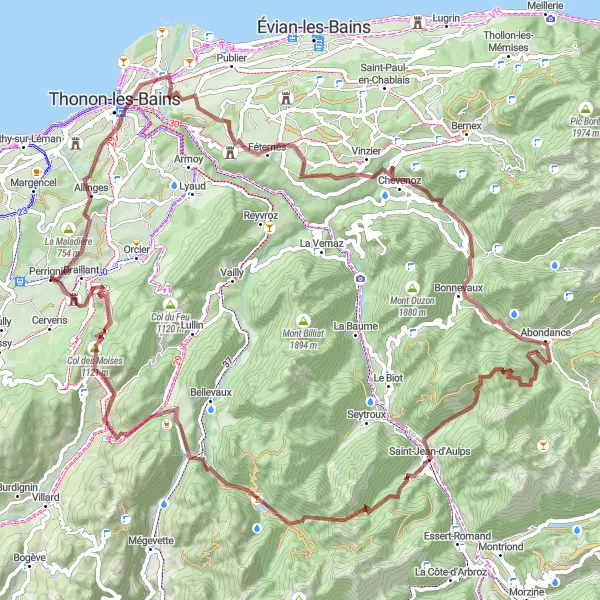 Kartminiatyr av "Grustur til Champeillant og Saint-Jean-d'Aulps" sykkelinspirasjon i Rhône-Alpes, France. Generert av Tarmacs.app sykkelrutoplanlegger