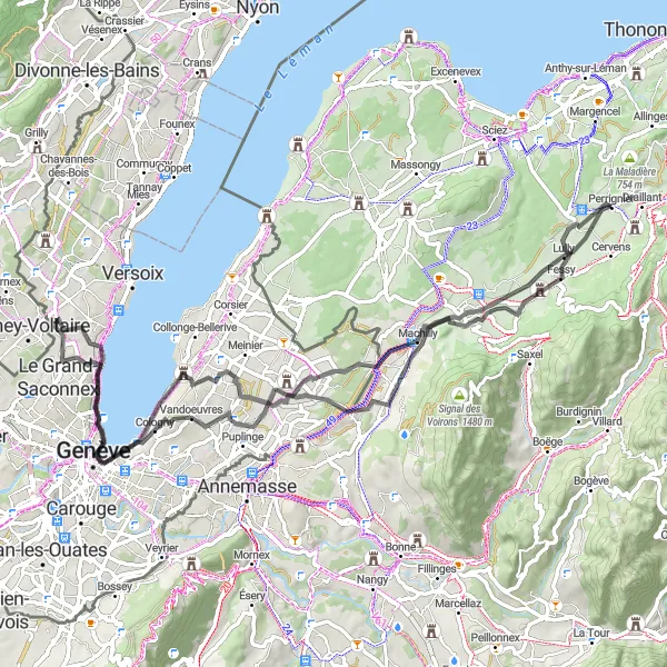 Miniature de la carte de l'inspiration cycliste "Tour du Lac Léman" dans la Rhône-Alpes, France. Générée par le planificateur d'itinéraire cycliste Tarmacs.app