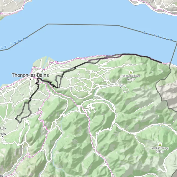 Miniature de la carte de l'inspiration cycliste "Châteaux et Villages du Léman" dans la Rhône-Alpes, France. Générée par le planificateur d'itinéraire cycliste Tarmacs.app