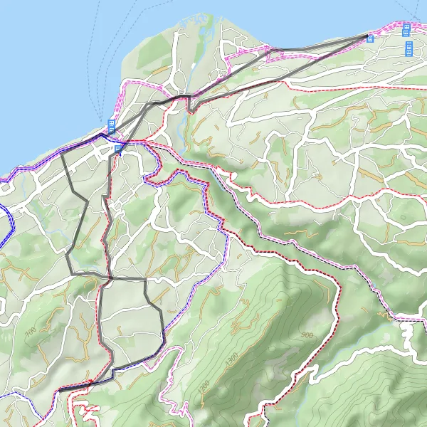 Miniatua del mapa de inspiración ciclista "Recorrido de ciclismo de carretera cerca de Perrignier" en Rhône-Alpes, France. Generado por Tarmacs.app planificador de rutas ciclistas