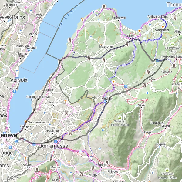 Miniature de la carte de l'inspiration cycliste "Les Villages et Châteaux du Lac Léman" dans la Rhône-Alpes, France. Générée par le planificateur d'itinéraire cycliste Tarmacs.app