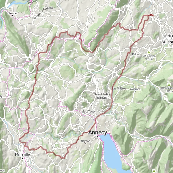 Miniatua del mapa de inspiración ciclista "Ruta de Grava Escénica desde Pers-Jussy" en Rhône-Alpes, France. Generado por Tarmacs.app planificador de rutas ciclistas