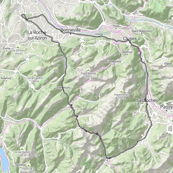 Karttaminiaatyyri "Haastava polku Alppien sydämessä" pyöräilyinspiraatiosta alueella Rhône-Alpes, France. Luotu Tarmacs.app pyöräilyreittisuunnittelijalla