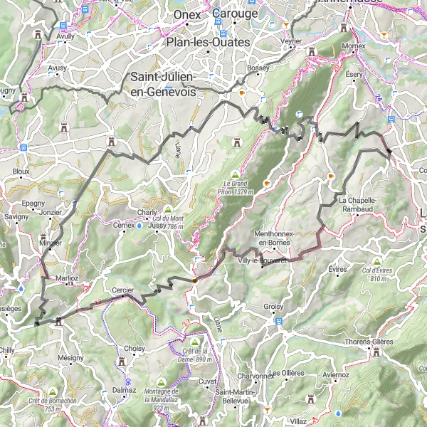 Miniature de la carte de l'inspiration cycliste "Boucle de Pers-Jussy" dans la Rhône-Alpes, France. Générée par le planificateur d'itinéraire cycliste Tarmacs.app