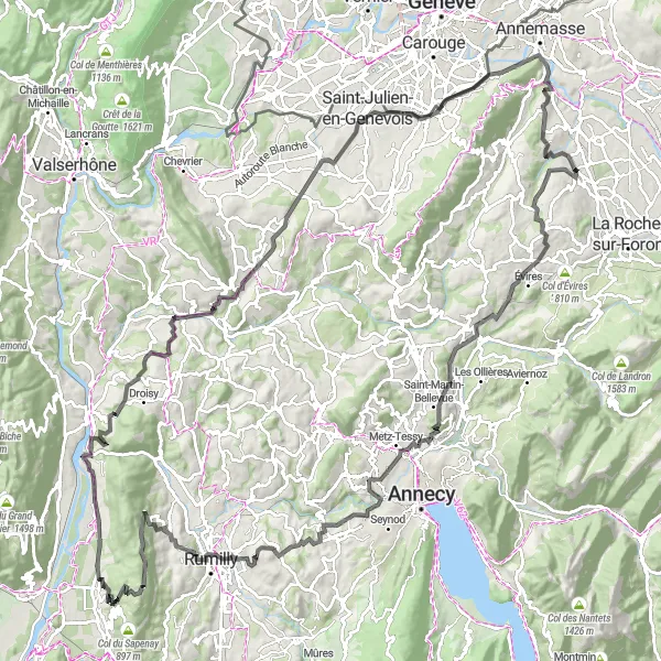 Mapa miniatúra "Extrémna cestná cyklotúra s výzvami okolo Pers-Jussy" cyklistická inšpirácia v Rhône-Alpes, France. Vygenerované cyklistickým plánovačom trás Tarmacs.app