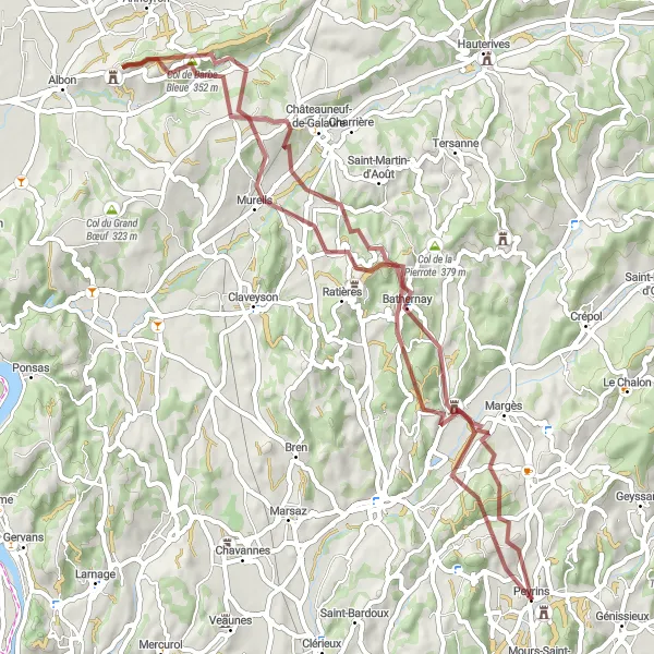 Mapa miniatúra "Gravelová okružná trasa Bathernay" cyklistická inšpirácia v Rhône-Alpes, France. Vygenerované cyklistickým plánovačom trás Tarmacs.app