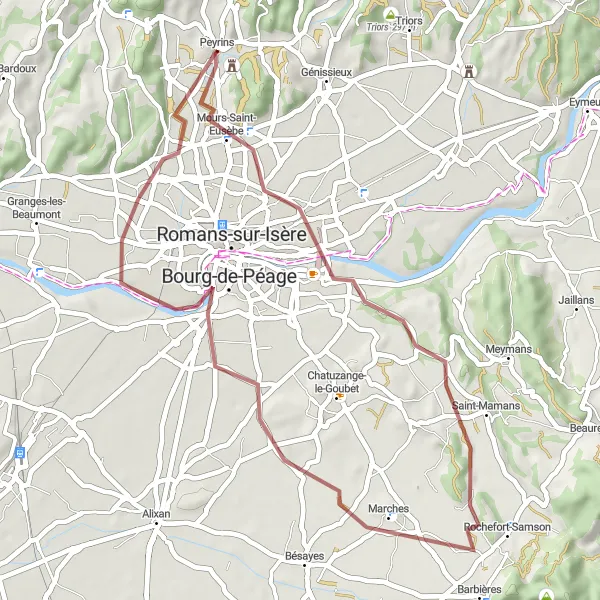 Miniature de la carte de l'inspiration cycliste "Le Chemin des Graviers" dans la Rhône-Alpes, France. Générée par le planificateur d'itinéraire cycliste Tarmacs.app