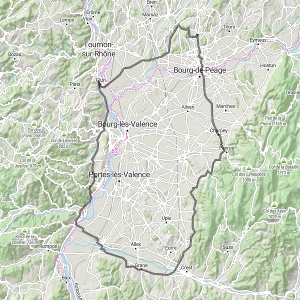 Miniatuurkaart van de fietsinspiratie "129 km Wegfietsen door Rhône-Alpes" in Rhône-Alpes, France. Gemaakt door de Tarmacs.app fietsrouteplanner