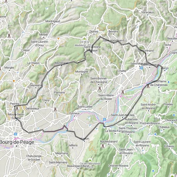 Mapa miniatúra "Malebná cyklistická trasa k Saint-Michel-sur-Savasse" cyklistická inšpirácia v Rhône-Alpes, France. Vygenerované cyklistickým plánovačom trás Tarmacs.app
