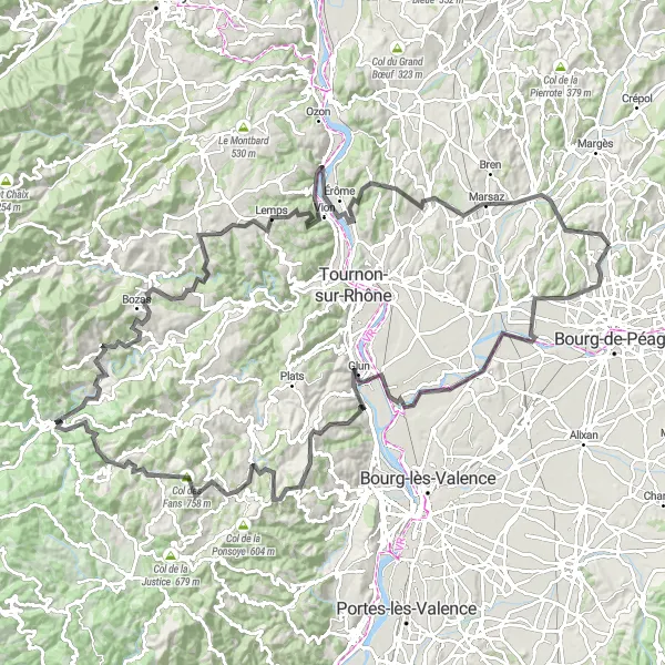 Mapa miniatúra "Challenging Road Cycling Route from Peyrins" cyklistická inšpirácia v Rhône-Alpes, France. Vygenerované cyklistickým plánovačom trás Tarmacs.app