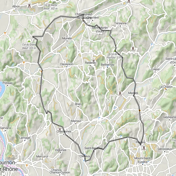 Mapa miniatúra "Okruh cez kopce Drôme" cyklistická inšpirácia v Rhône-Alpes, France. Vygenerované cyklistickým plánovačom trás Tarmacs.app