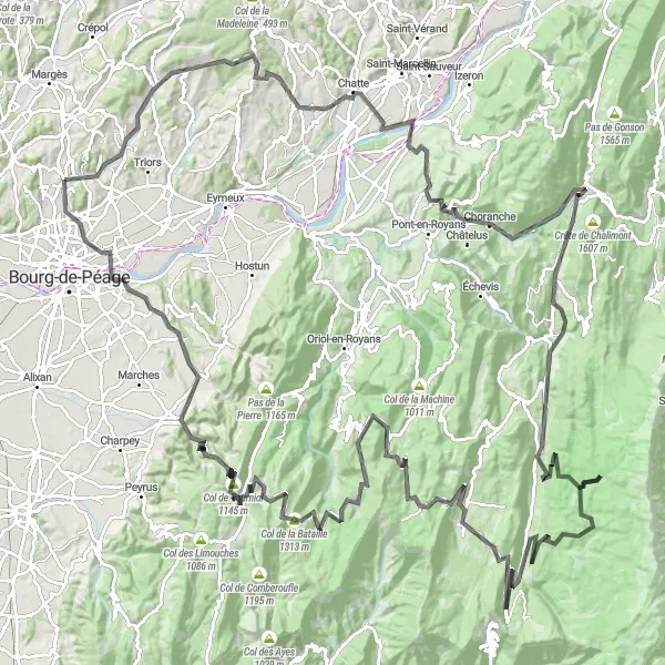 Miniature de la carte de l'inspiration cycliste "Circuit Vercors Magistral" dans la Rhône-Alpes, France. Générée par le planificateur d'itinéraire cycliste Tarmacs.app