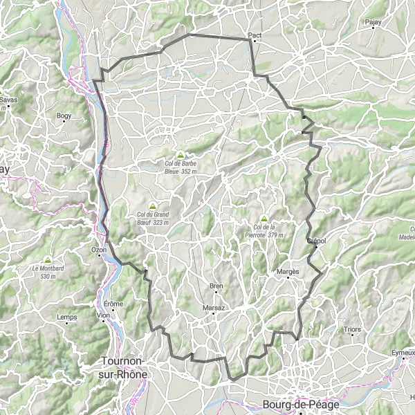 Miniature de la carte de l'inspiration cycliste "Les Collines et Châteaux" dans la Rhône-Alpes, France. Générée par le planificateur d'itinéraire cycliste Tarmacs.app