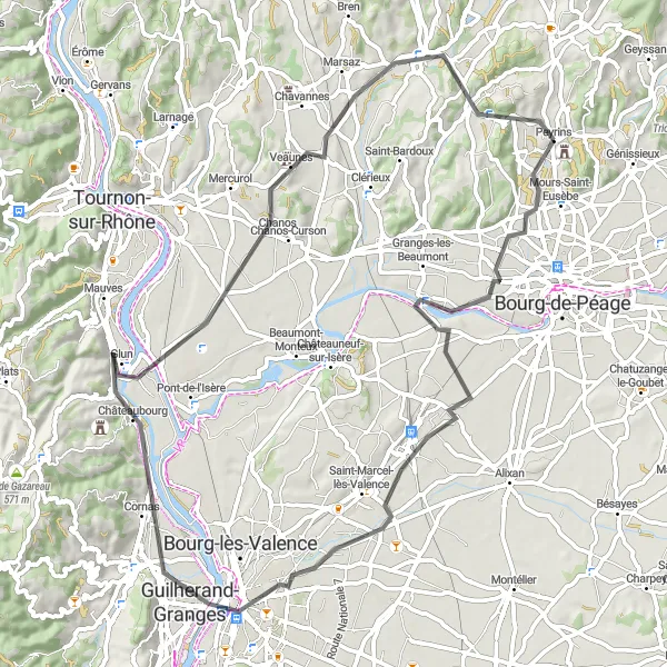 Miniature de la carte de l'inspiration cycliste "Boucle Château de Salmard" dans la Rhône-Alpes, France. Générée par le planificateur d'itinéraire cycliste Tarmacs.app