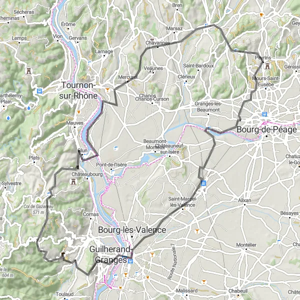 Miniatuurkaart van de fietsinspiratie "Route vanuit Peyrins naar Mercurol en terug" in Rhône-Alpes, France. Gemaakt door de Tarmacs.app fietsrouteplanner