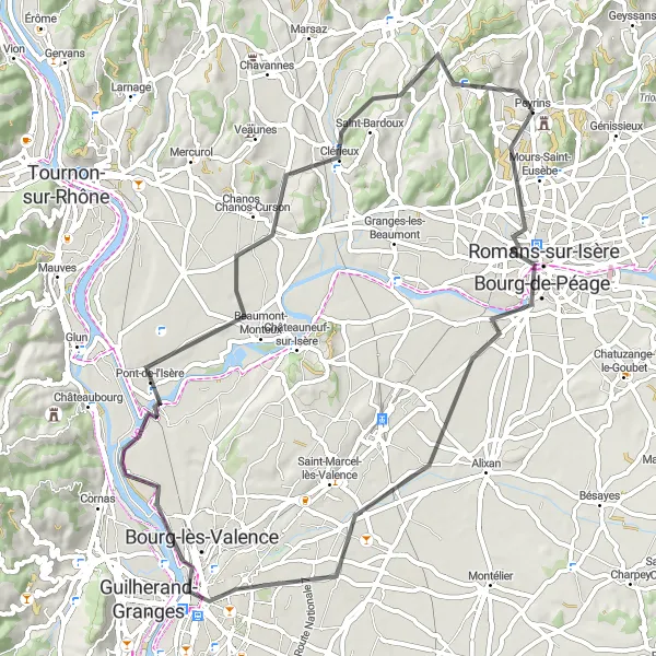 Miniature de la carte de l'inspiration cycliste "Boucle Valence - Romans-sur-Isère" dans la Rhône-Alpes, France. Générée par le planificateur d'itinéraire cycliste Tarmacs.app